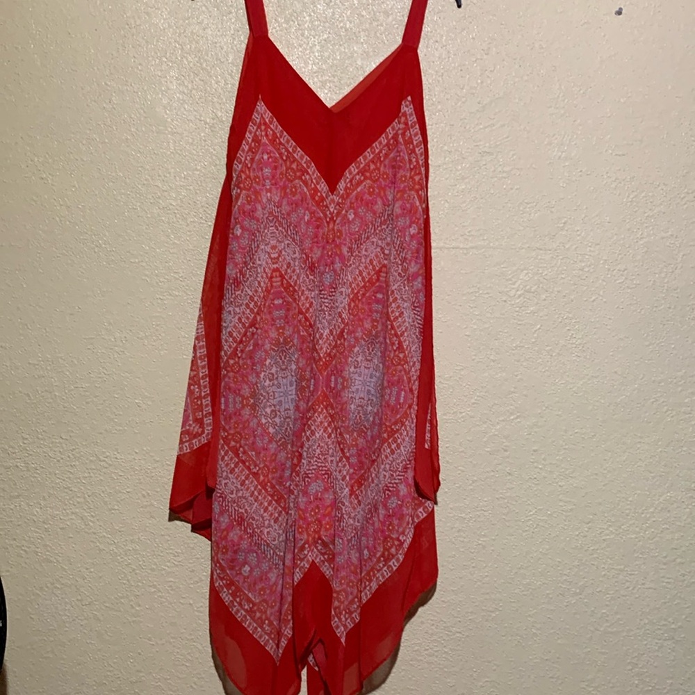 My Michelle Summer Dress XL Red Cream Floral Sleeveless Handkerchief Hem Lining - Picture 2 of 16